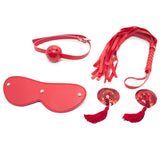 SM Four-Piece BDSM Set – Blindfold, Gag, Nipple Covers & Whip, Available in Black & Red